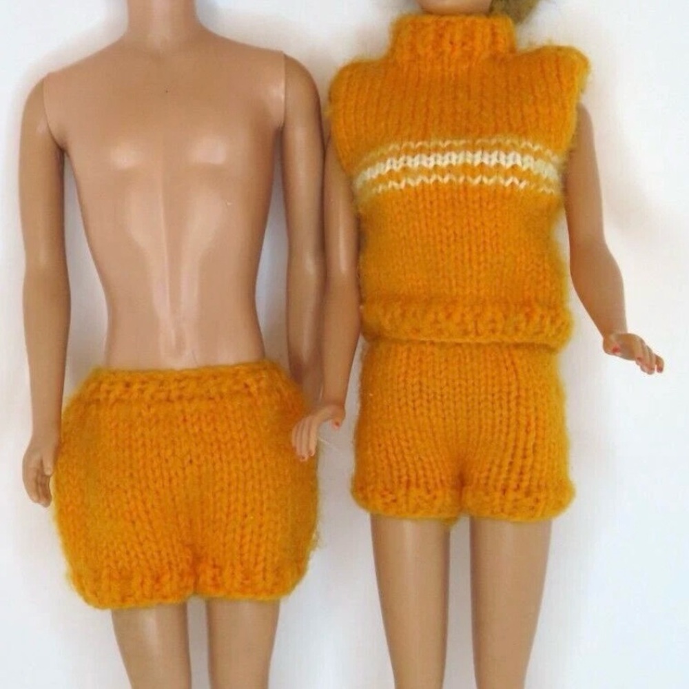 Vintage Barbie and Ken Orange Knit Doll Outfits (dolls not included)
